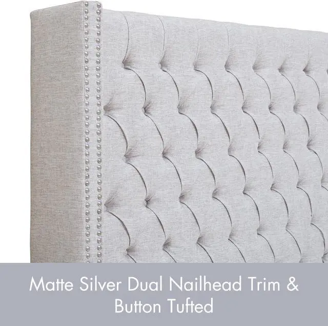 Alt view image 5 of 7 - Madison Park Queen Button Tufted Headboard, Adjustable Upholstered Transitional Wingback Headboard, Nailhead Trim, Wooden Frame, Black Metal Legs, Flush Flat Back, Vintage Bedroom Décor Amelia - Grey