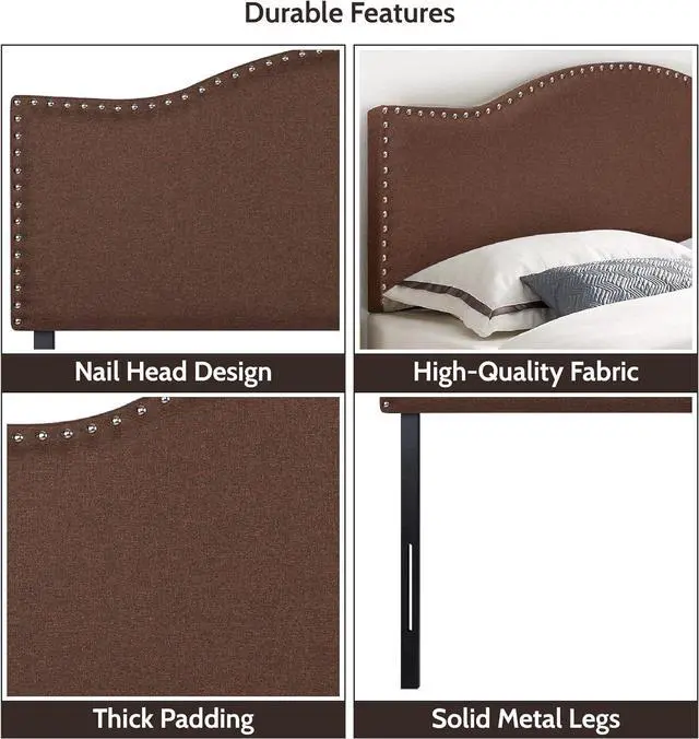 Alt view image 4 of 7 - Naomi Home Catalina Full headboard only, Height Adjustable Full Size Bed Headboard, Nailhead Tufted Headboard with 12 Positions, Metal Legs, Wall/Bed Mount, Linen Fabric headboard Full, Espresso