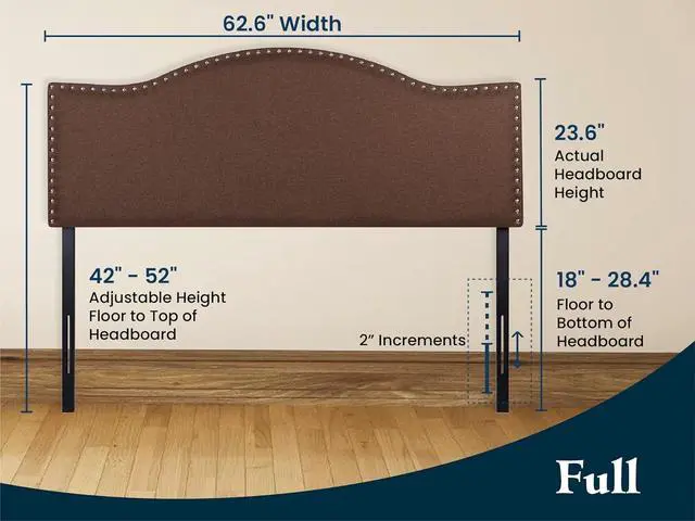 Alt view image 3 of 7 - Naomi Home Catalina Full headboard only, Height Adjustable Full Size Bed Headboard, Nailhead Tufted Headboard with 12 Positions, Metal Legs, Wall/Bed Mount, Linen Fabric headboard Full, Espresso