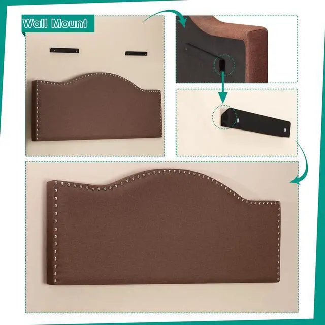 Alt view image 6 of 7 - Naomi Home Catalina Full headboard only, Height Adjustable Full Size Bed Headboard, Nailhead Tufted Headboard with 12 Positions, Metal Legs, Wall/Bed Mount, Linen Fabric headboard Full, Espresso