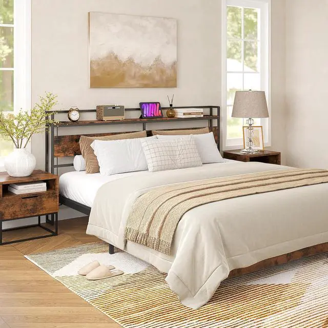 Alt view image 2 of 7 - ELYKEN Headboard for King Size Bed, Backboard with Outlets, USB Port, LED Light, Headboard with Shelf, Freestanding Sturdy Back Board with Adjustable Accessory to Different Bed Frames, Rustic Brown