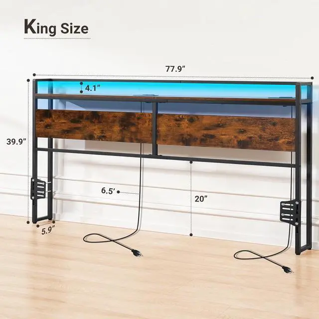Alt view image 3 of 7 - ELYKEN Headboard for King Size Bed, Backboard with Outlets, USB Port, LED Light, Headboard with Shelf, Freestanding Sturdy Back Board with Adjustable Accessory to Different Bed Frames, Rustic Brown