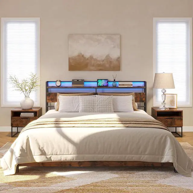 Alt view image 4 of 7 - ELYKEN Headboard for King Size Bed, Backboard with Outlets, USB Port, LED Light, Headboard with Shelf, Freestanding Sturdy Back Board with Adjustable Accessory to Different Bed Frames, Rustic Brown
