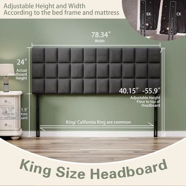 Alt view image 2 of 7 - Andeworld Velvet Upholstered Tufted King Size Headboard,Wood Head Board with Metal Legs, Adjustable Height from 42 to 56, Bed Headboard in Modern Design,Backboard for Bed, Dark Gray