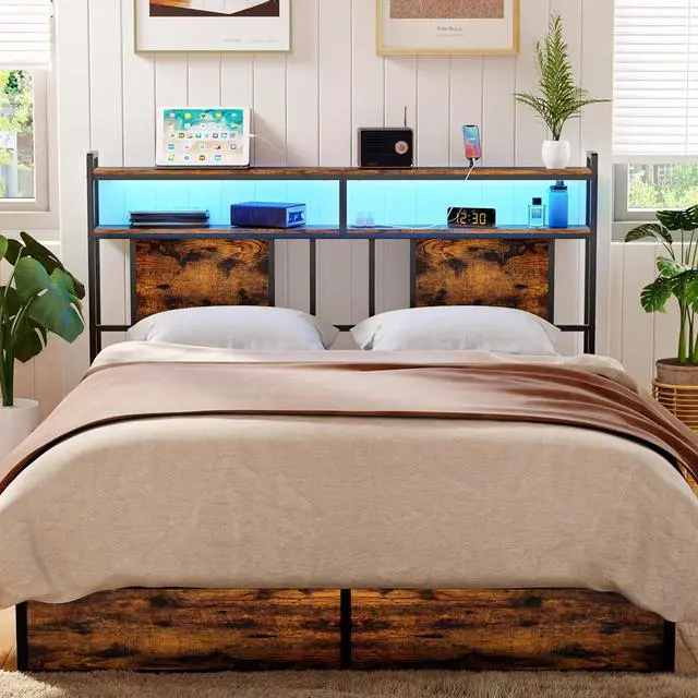 Alt view image 2 of 7 - King Headboard with Storage, Bed Head Board with Outlets and USB Ports, Sturdy King Size Headboard Only with LED Lights, for Dorm, Easy Assemble, Rustic Brown