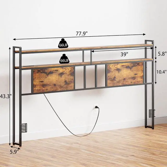 Alt view image 3 of 7 - King Headboard with Storage, Bed Head Board with Outlets and USB Ports, Sturdy King Size Headboard Only with LED Lights, for Dorm, Easy Assemble, Rustic Brown