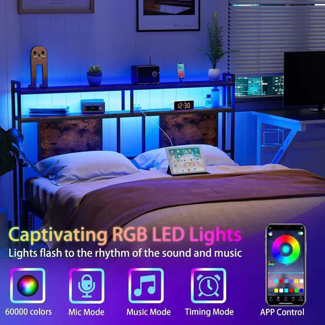 Alt view image 4 of 7 - King Headboard with Storage, Bed Head Board with Outlets and USB Ports, Sturdy King Size Headboard Only with LED Lights, for Dorm, Easy Assemble, Rustic Brown