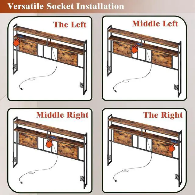 Alt view image 6 of 7 - King Headboard with Storage, Bed Head Board with Outlets and USB Ports, Sturdy King Size Headboard Only with LED Lights, for Dorm, Easy Assemble, Rustic Brown