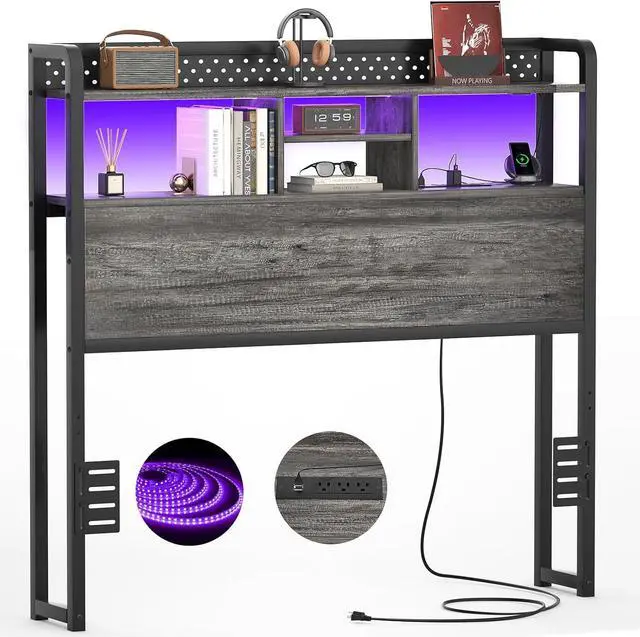 Main image of Unikito Headboard for Twin Size Bed with Storage Shelf, Head Board with 3 Outlets and 2 USB Ports, Headboards with RGB LED Light, Height Adjustable, Sturdy and Stable, Easy Assembly, Black Oak