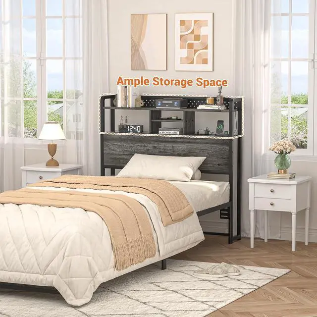 Alt view image 2 of 7 - Unikito Headboard for Twin Size Bed with Storage Shelf, Head Board with 3 Outlets and 2 USB Ports, Headboards with RGB LED Light, Height Adjustable, Sturdy and Stable, Easy Assembly, Black Oak
