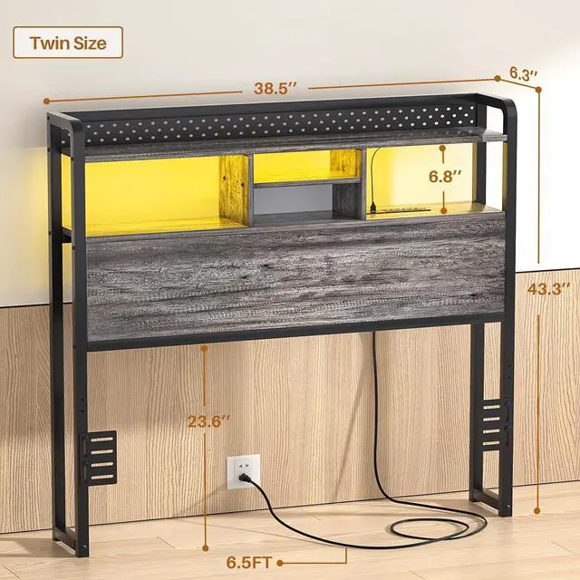 Alt view image 3 of 7 - Unikito Headboard for Twin Size Bed with Storage Shelf, Head Board with 3 Outlets and 2 USB Ports, Headboards with RGB LED Light, Height Adjustable, Sturdy and Stable, Easy Assembly, Black Oak