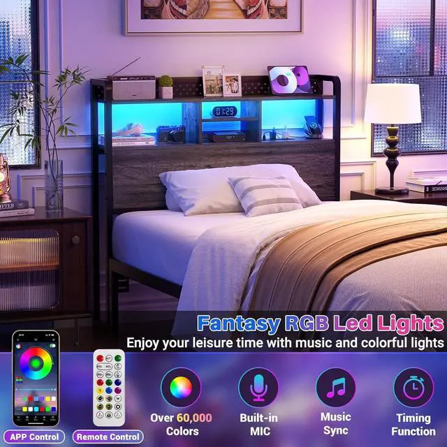 Alt view image 4 of 7 - Unikito Headboard for Twin Size Bed with Storage Shelf, Head Board with 3 Outlets and 2 USB Ports, Headboards with RGB LED Light, Height Adjustable, Sturdy and Stable, Easy Assembly, Black Oak