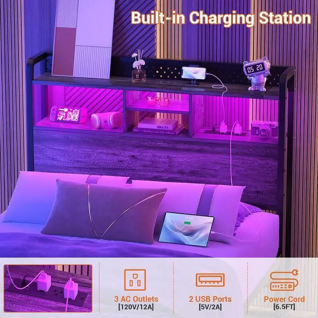 Alt view image 5 of 7 - Unikito Headboard for Twin Size Bed with Storage Shelf, Head Board with 3 Outlets and 2 USB Ports, Headboards with RGB LED Light, Height Adjustable, Sturdy and Stable, Easy Assembly, Black Oak
