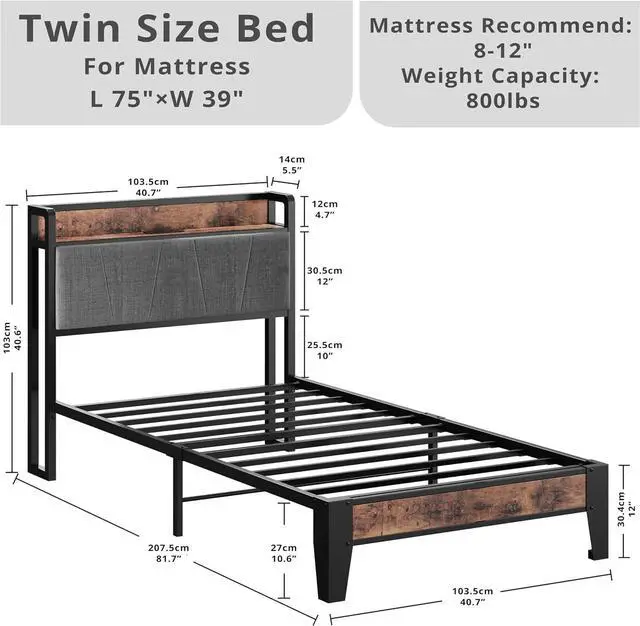 Alt view image 2 of 7 - LIKIMIO Twin Bed Frames, Storage Headboard with Charging Station, Solid and Stable, Noise Free, No Box Spring Needed, Easy Assembly