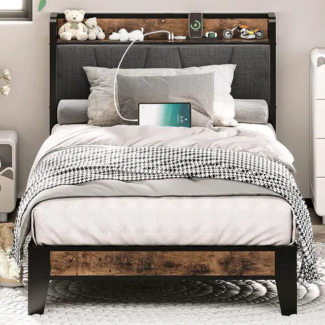 Main image of LIKIMIO Twin Bed Frames, Storage Headboard with Charging Station, Solid and Stable, Noise Free, No Box Spring Needed, Easy Assembly