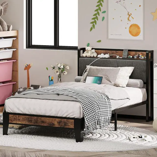 Alt view image 3 of 7 - LIKIMIO Twin Bed Frames, Storage Headboard with Charging Station, Solid and Stable, Noise Free, No Box Spring Needed, Easy Assembly