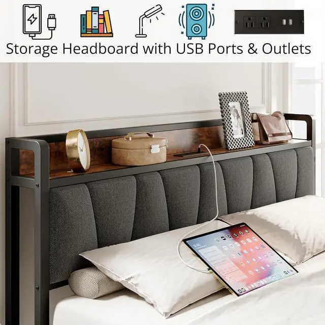 Alt view image 4 of 7 - LIKIMIO Twin Bed Frames, Storage Headboard with Charging Station, Solid and Stable, Noise Free, No Box Spring Needed, Easy Assembly