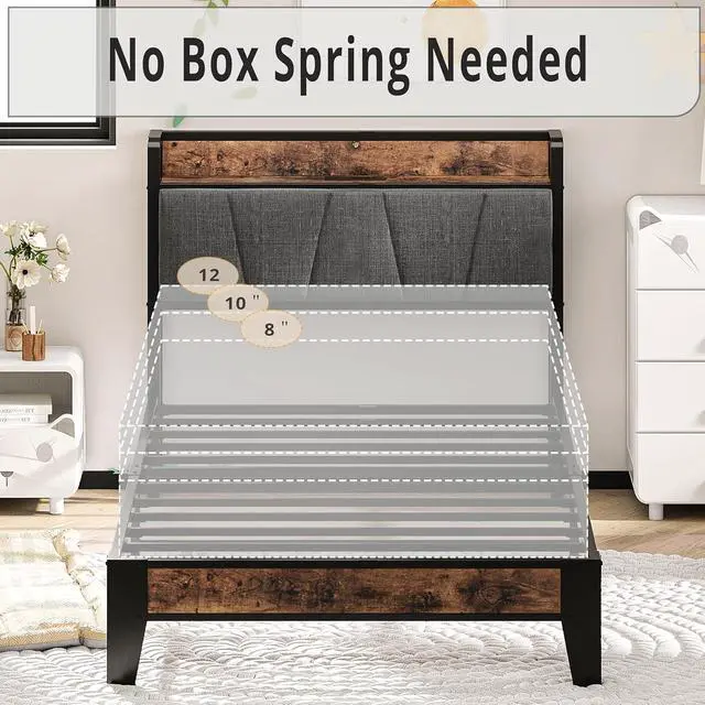 Alt view image 6 of 7 - LIKIMIO Twin Bed Frames, Storage Headboard with Charging Station, Solid and Stable, Noise Free, No Box Spring Needed, Easy Assembly