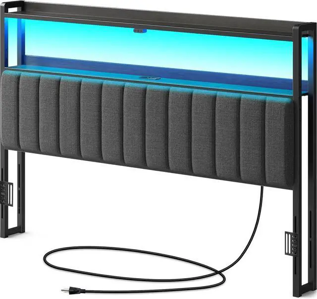 Main image of Rolanstar Headboard for King Size Bed with Storage, 60,000 DIY Color of LED Light, Head Board with USB & Type C Port, Height Adjustable, Black Upholstered Cabeceras de Cama Comfortable Modern, Linen