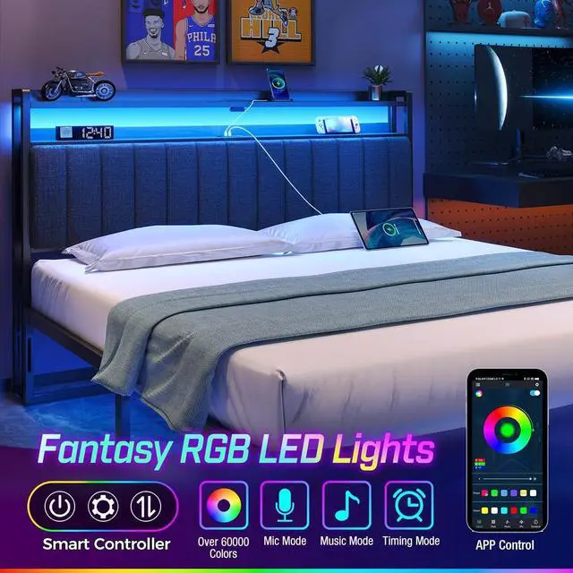 Alt view image 3 of 7 - Rolanstar Headboard for King Size Bed with Storage, 60,000 DIY Color of LED Light, Head Board with USB & Type C Port, Height Adjustable, Black Upholstered Cabeceras de Cama Comfortable Modern, Linen