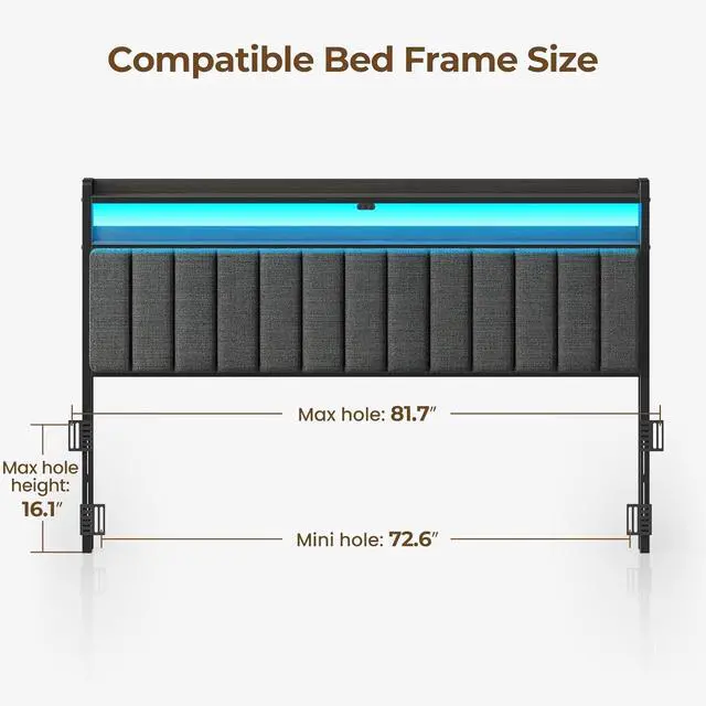 Alt view image 2 of 7 - Rolanstar Headboard for King Size Bed with Storage, 60,000 DIY Color of LED Light, Head Board with USB & Type C Port, Height Adjustable, Black Upholstered Cabeceras de Cama Comfortable Modern, Linen