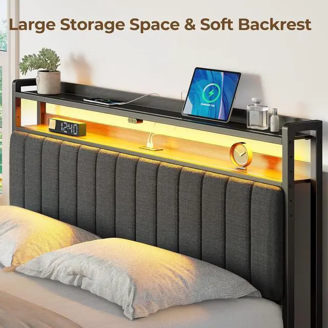 Alt view image 5 of 7 - Rolanstar Headboard for King Size Bed with Storage, 60,000 DIY Color of LED Light, Head Board with USB & Type C Port, Height Adjustable, Black Upholstered Cabeceras de Cama Comfortable Modern, Linen