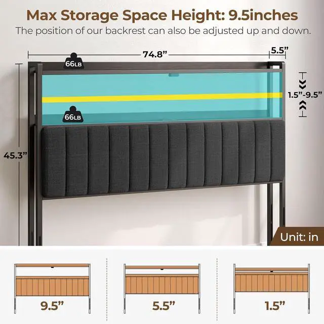 Alt view image 6 of 7 - Rolanstar Headboard for King Size Bed with Storage, 60,000 DIY Color of LED Light, Head Board with USB & Type C Port, Height Adjustable, Black Upholstered Cabeceras de Cama Comfortable Modern, Linen