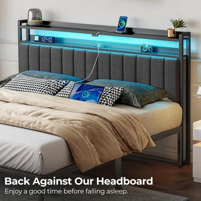 Alt view image 7 of 7 - Rolanstar Headboard for King Size Bed with Storage, 60,000 DIY Color of LED Light, Head Board with USB & Type C Port, Height Adjustable, Black Upholstered Cabeceras de Cama Comfortable Modern, Linen