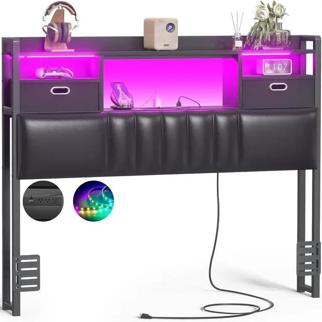 Main image of Unikito Twin Headboard with Drawer Storage and RGB LED Light, Twin Size Upholstered Headboard with Charging Station and Bookcase, Stable Twin Headboard Only, for Bedroom/Dorm Room/Guest Room, Black