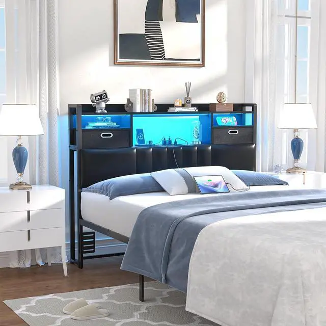 Alt view image 2 of 7 - Unikito Twin Headboard with Drawer Storage and RGB LED Light, Twin Size Upholstered Headboard with Charging Station and Bookcase, Stable Twin Headboard Only, for Bedroom/Dorm Room/Guest Room, Black