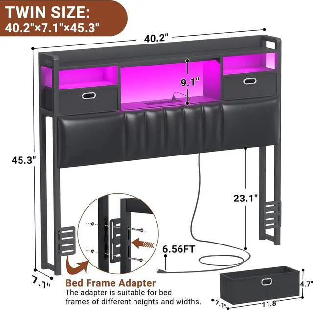 Alt view image 3 of 7 - Unikito Twin Headboard with Drawer Storage and RGB LED Light, Twin Size Upholstered Headboard with Charging Station and Bookcase, Stable Twin Headboard Only, for Bedroom/Dorm Room/Guest Room, Black