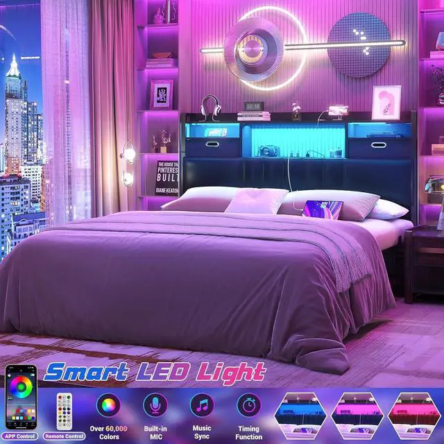 Alt view image 4 of 7 - Unikito Twin Headboard with Drawer Storage and RGB LED Light, Twin Size Upholstered Headboard with Charging Station and Bookcase, Stable Twin Headboard Only, for Bedroom/Dorm Room/Guest Room, Black