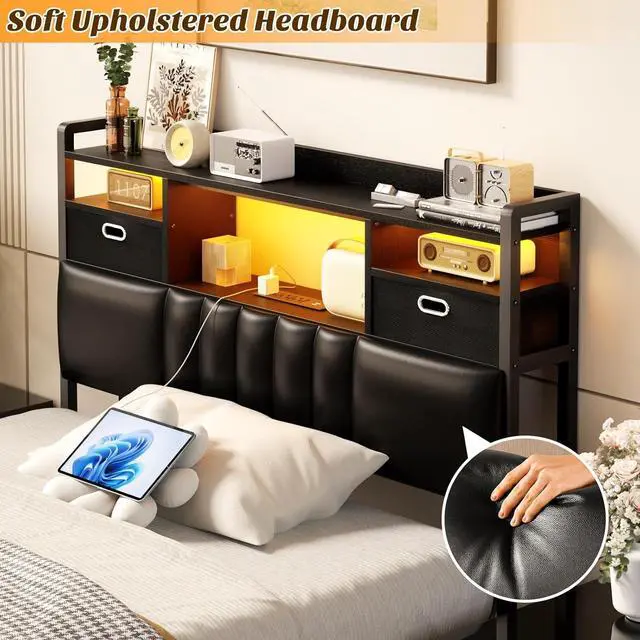 Alt view image 5 of 7 - Unikito Twin Headboard with Drawer Storage and RGB LED Light, Twin Size Upholstered Headboard with Charging Station and Bookcase, Stable Twin Headboard Only, for Bedroom/Dorm Room/Guest Room, Black