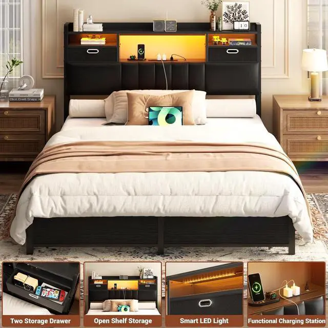 Alt view image 6 of 7 - Unikito Twin Headboard with Drawer Storage and RGB LED Light, Twin Size Upholstered Headboard with Charging Station and Bookcase, Stable Twin Headboard Only, for Bedroom/Dorm Room/Guest Room, Black
