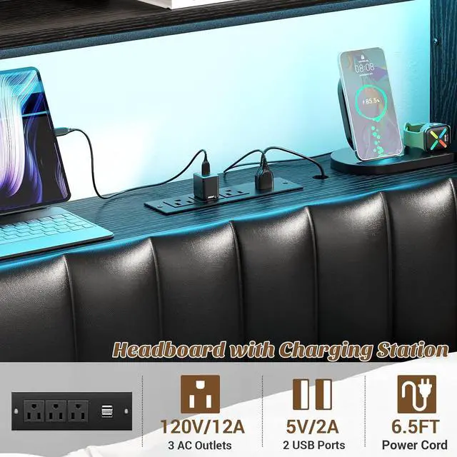 Alt view image 7 of 7 - Unikito Twin Headboard with Drawer Storage and RGB LED Light, Twin Size Upholstered Headboard with Charging Station and Bookcase, Stable Twin Headboard Only, for Bedroom/Dorm Room/Guest Room, Black