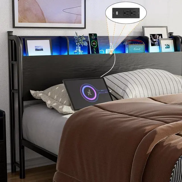 Main image of IKIFLY Full Size Storage Headboard with Charging Station, Industrial Headboard for Full Size Bed with LED Lights, Full Headboard Only for Bedroom, Attach Frame, Black