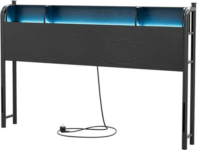 Alt view image 4 of 7 - IKIFLY Full Size Storage Headboard with Charging Station, Industrial Headboard for Full Size Bed with LED Lights, Full Headboard Only for Bedroom, Attach Frame, Black