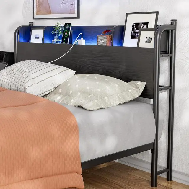 Alt view image 3 of 7 - IKIFLY Full Size Storage Headboard with Charging Station, Industrial Headboard for Full Size Bed with LED Lights, Full Headboard Only for Bedroom, Attach Frame, Black