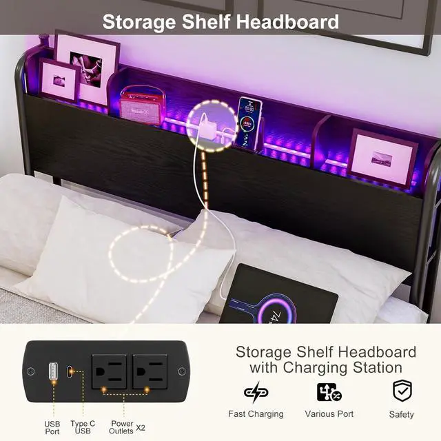 Alt view image 5 of 7 - IKIFLY Full Size Storage Headboard with Charging Station, Industrial Headboard for Full Size Bed with LED Lights, Full Headboard Only for Bedroom, Attach Frame, Black