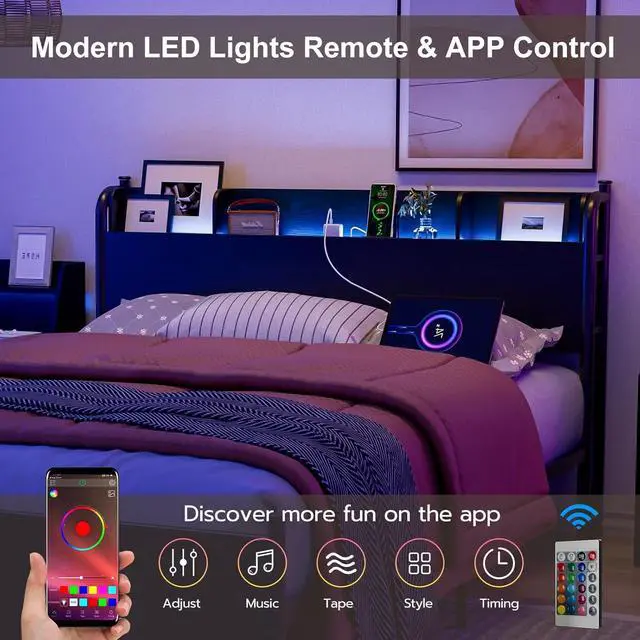 Alt view image 6 of 7 - IKIFLY Full Size Storage Headboard with Charging Station, Industrial Headboard for Full Size Bed with LED Lights, Full Headboard Only for Bedroom, Attach Frame, Black