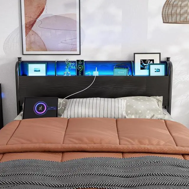 Alt view image 7 of 7 - IKIFLY Full Size Storage Headboard with Charging Station, Industrial Headboard for Full Size Bed with LED Lights, Full Headboard Only for Bedroom, Attach Frame, Black