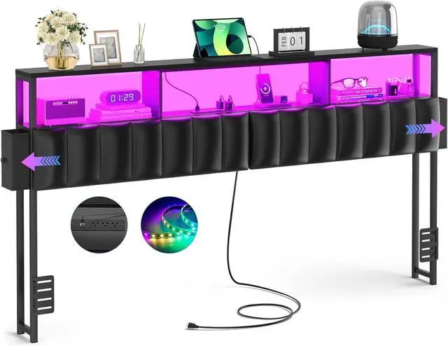 Main image of Unikito Upholstered King Size Headboard with Two Hidden Drawer Storage, Headboard for King Size with Power Outlet and LED Light, King Headboard Only, Sturdy and Stable Headboard for Bedroom, Black