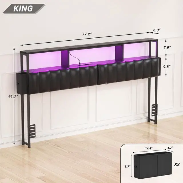 Alt view image 2 of 7 - Unikito Upholstered King Size Headboard with Two Hidden Drawer Storage, Headboard for King Size with Power Outlet and LED Light, King Headboard Only, Sturdy and Stable Headboard for Bedroom, Black