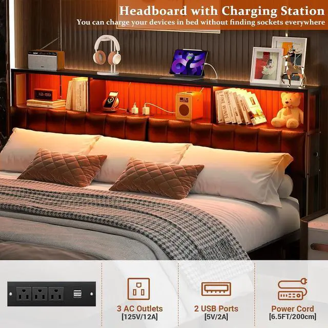 Alt view image 3 of 7 - Unikito Upholstered King Size Headboard with Two Hidden Drawer Storage, Headboard for King Size with Power Outlet and LED Light, King Headboard Only, Sturdy and Stable Headboard for Bedroom, Black