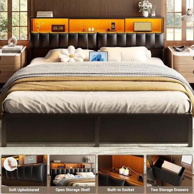Alt view image 4 of 7 - Unikito Upholstered King Size Headboard with Two Hidden Drawer Storage, Headboard for King Size with Power Outlet and LED Light, King Headboard Only, Sturdy and Stable Headboard for Bedroom, Black