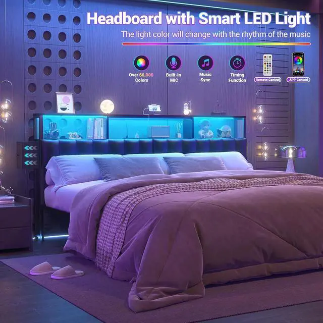 Alt view image 5 of 7 - Unikito Upholstered King Size Headboard with Two Hidden Drawer Storage, Headboard for King Size with Power Outlet and LED Light, King Headboard Only, Sturdy and Stable Headboard for Bedroom, Black