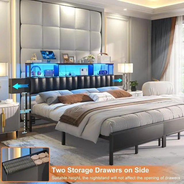 Alt view image 6 of 7 - Unikito Upholstered King Size Headboard with Two Hidden Drawer Storage, Headboard for King Size with Power Outlet and LED Light, King Headboard Only, Sturdy and Stable Headboard for Bedroom, Black