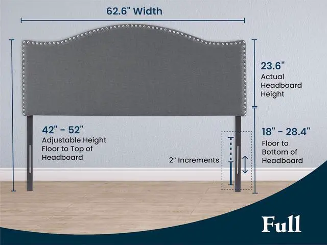 Alt view image 2 of 7 - Naomi Home Catalina Full headboard only, Height Adjustable Full Size Bed Headboard, Nailhead Tufted Headboard with 12 Positions, Metal Legs, Wall/Bed Mount, Linen Fabric headboard Full, Light Gray