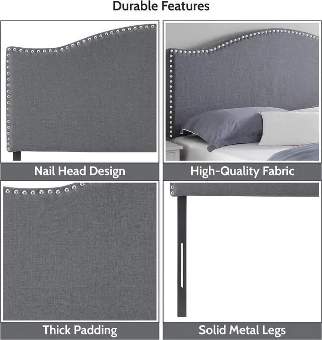 Alt view image 3 of 7 - Naomi Home Catalina Full headboard only, Height Adjustable Full Size Bed Headboard, Nailhead Tufted Headboard with 12 Positions, Metal Legs, Wall/Bed Mount, Linen Fabric headboard Full, Light Gray