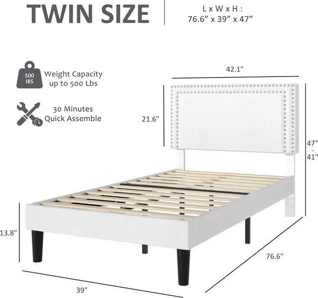 Alt view image 2 of 7 - VECELO Twin Size Platform Bed Frame with Adjustable Upholstered Headboard, Strong Wood Slat Support, No Box Spring Needed, Easy Assembly